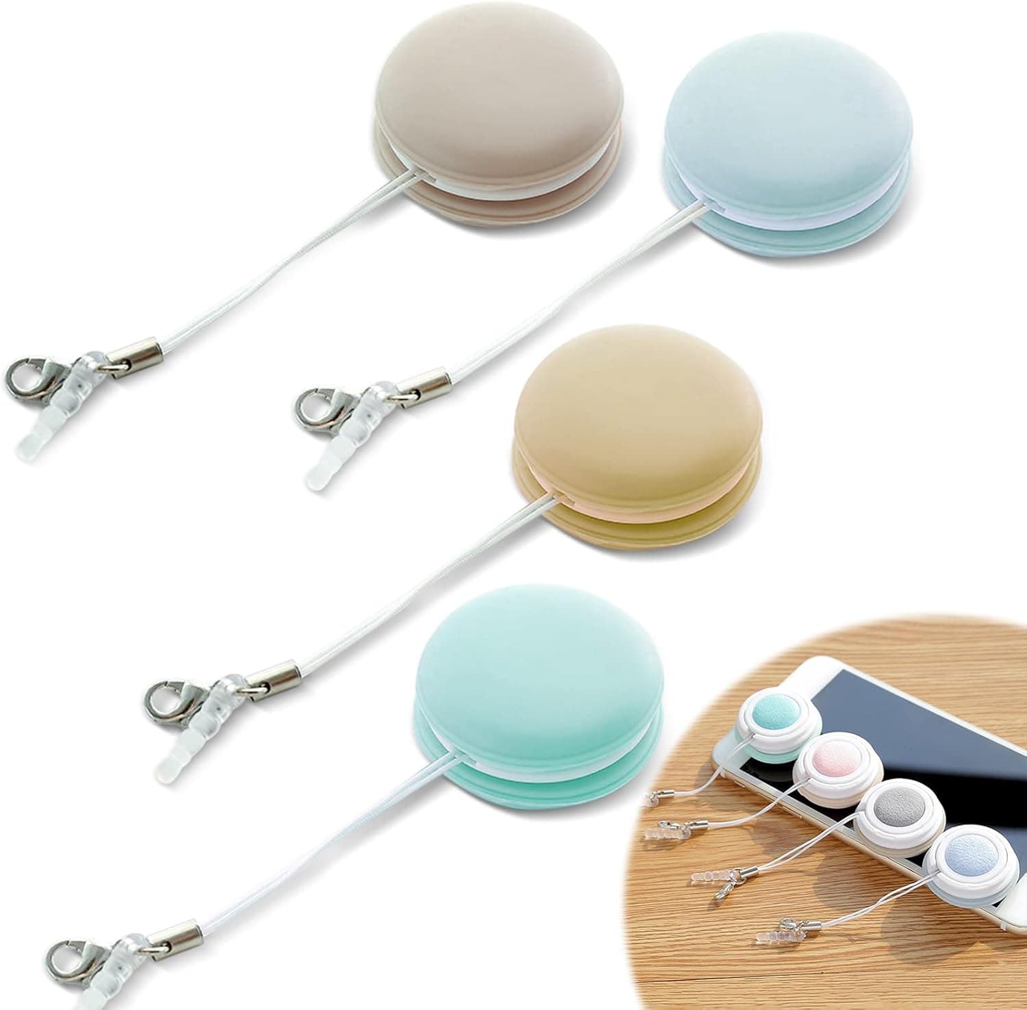 Terpink 4-Pack Macaron Mobile Phone Screen Wipes, Lens Cleaner, Creative Macaron Shape Glasses Wipe, Multifunction Screen Cleaning Tools, Cute Phone Strap with 3.5mm Plug and Keychain (4-Pcs) (4)