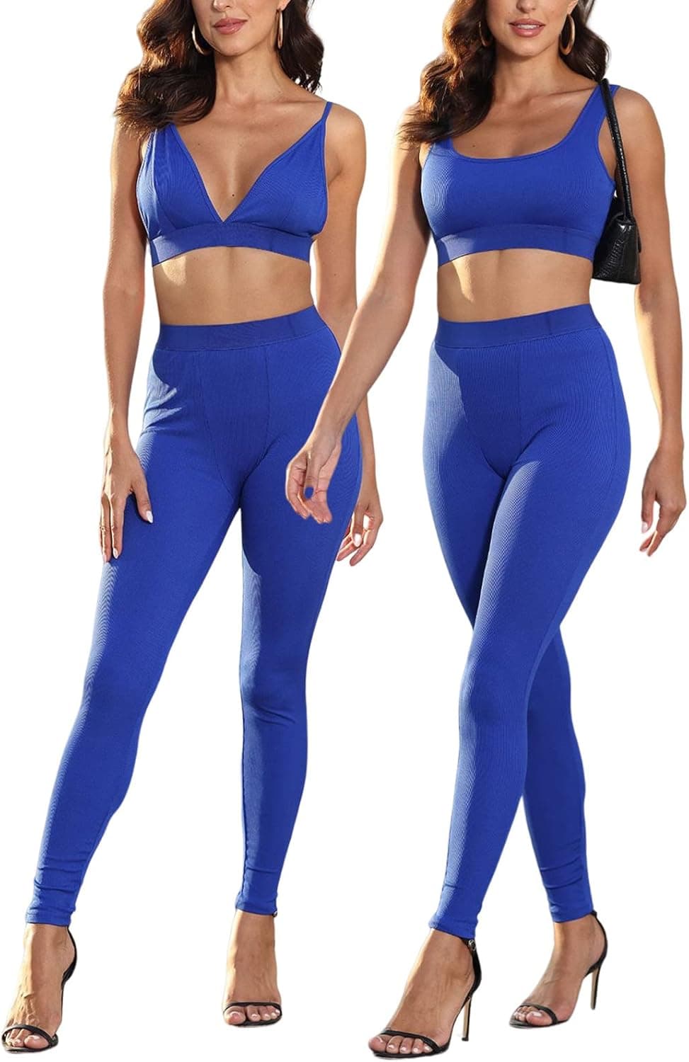 CTU Womens Yoga Set Workout Outfits Ribbed High Waist 3 Piece Set - U Neck Sports Bra + V Neck Tops + Leggings