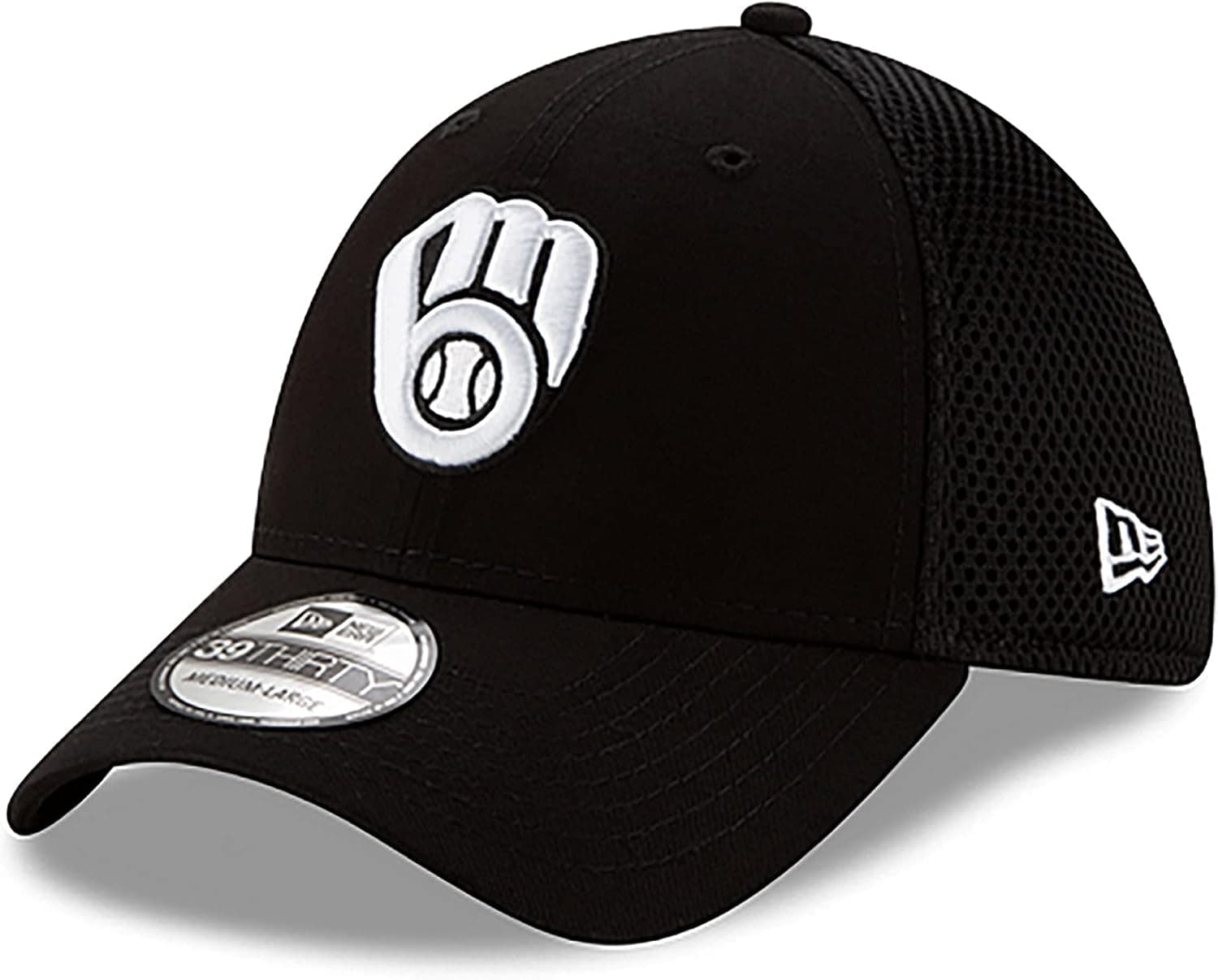 New Era Milwaukee Brewers Glove Logo Black and White Neo 39THIRTY Black Stretch Fit Hat