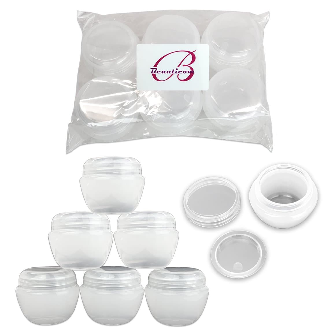 Beauticom® 50G/50ML White Frosted Container Jars with Inner Liner for Scrubs, Oils, Salves, Creams, Lotions, Makeup Cosmetics, Nail Accessories, Beauty Aids - BPA Free (6 Pieces)