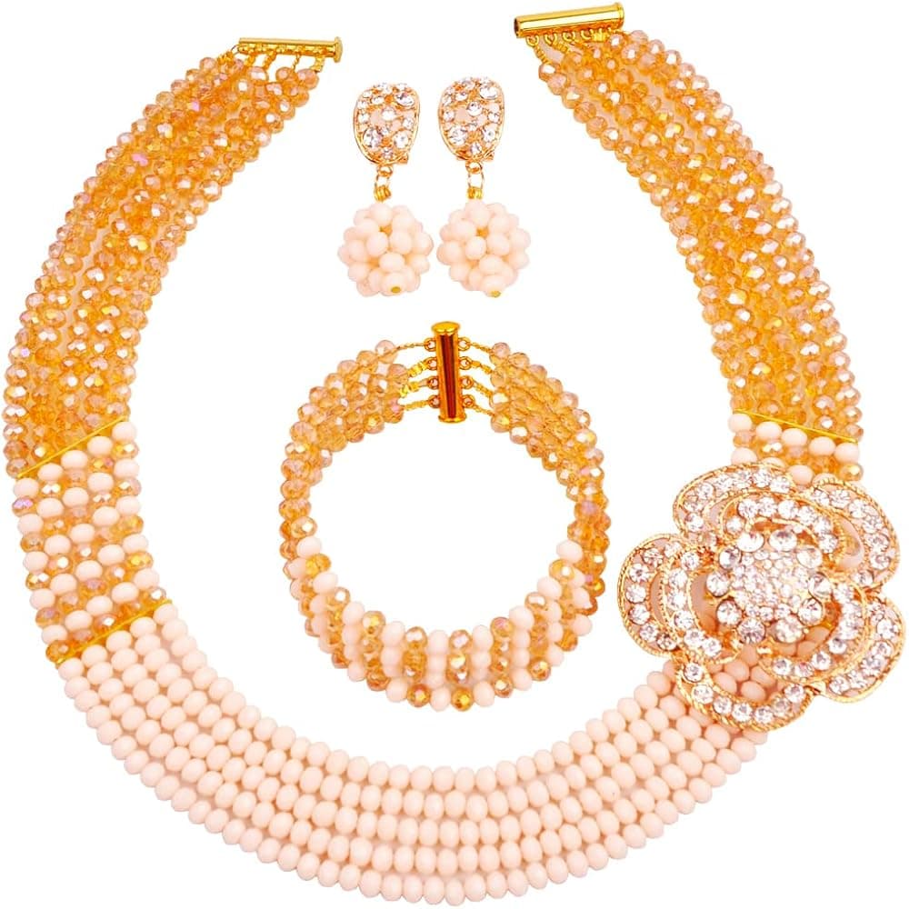 laanc Womens Girls Necklace Bracelet 5 Rows Gold AB and Colorful Crystal Beads African Jewelry Sets