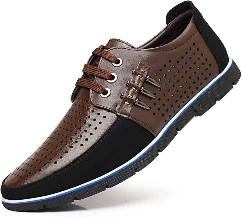 WEDERAIN Men Casual Leather Walking Loafers,Fashion Slip On Genuine Leather Shoes Breathable Lightweight Dress Sneakers,LKBrown47