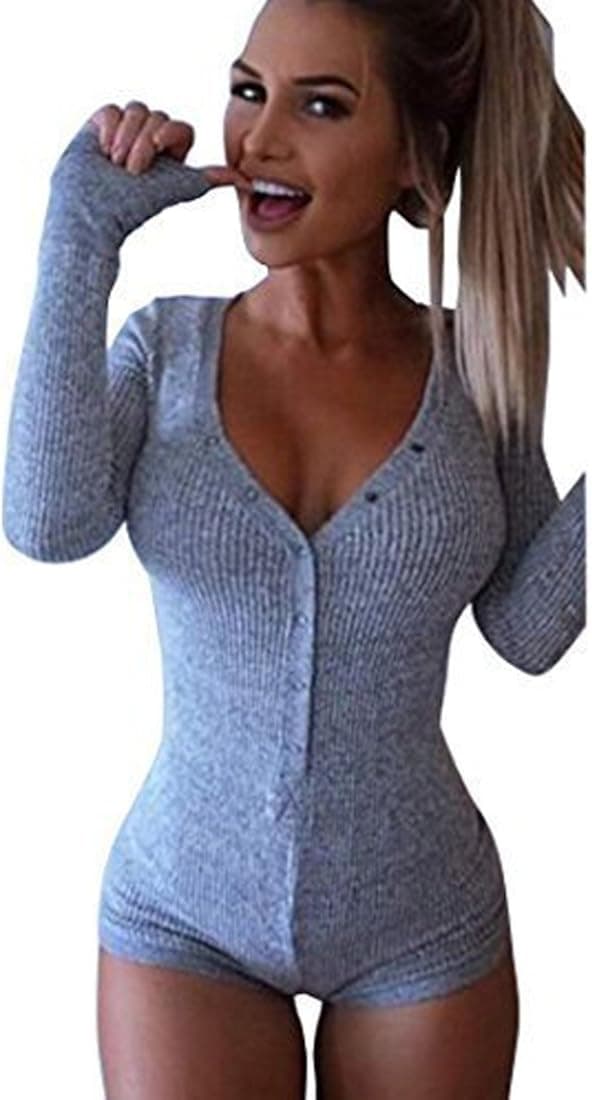EASTDAMO Fashion Lady's Long Sleeve V Neck Knitted Romper Jumpsuit Overalls