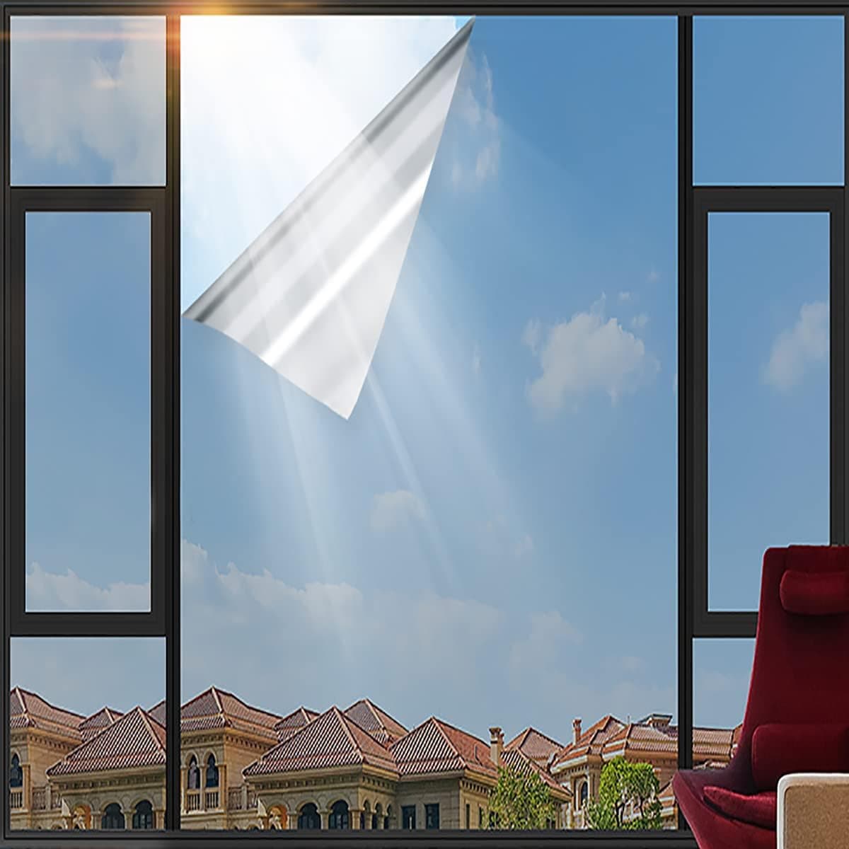 One Way Window Film Daytime Window Film Sun Blocking Silver Window Privacy Film See Out not in,Window Tint for Home and Office,Anti UV Reflective Window Heat Blocker (17.5Inch X 16.4Feet)