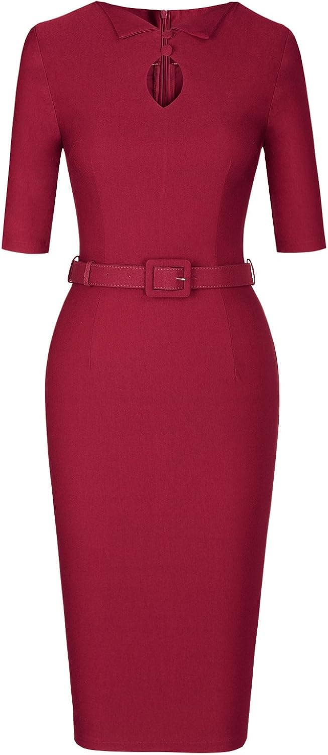 MUXXN Women's Audrey Hepburn 1960s Half Sleeve Belt Formal Work Dress