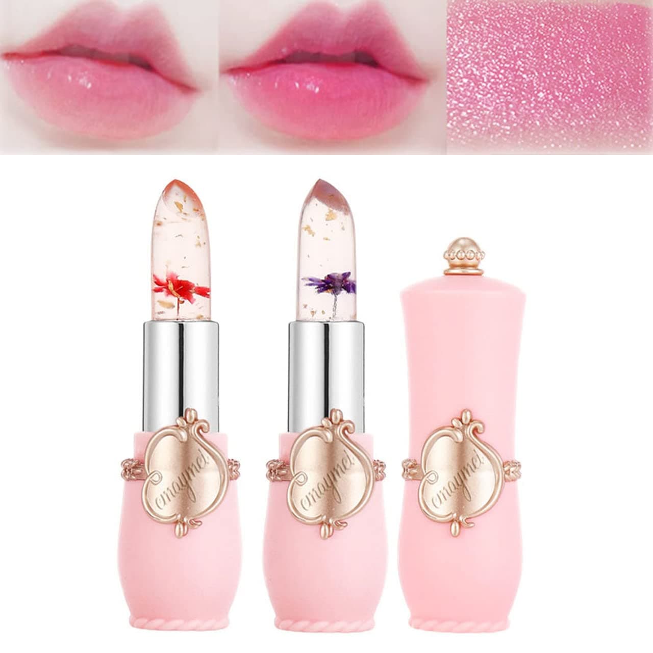 paminify 2Pcs Jelly Clear Crystal Flower Magic Lipstick,Color Changing Lipstick with Flower inside,PH Temperature Color Change Tinted Lip Balm Nourishing Moisturizing Lip Stick labial magicos,03+06