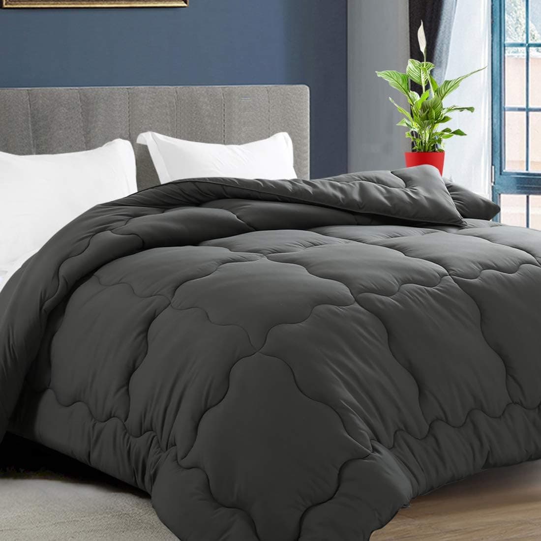 KARRISM All Season Down Alternative Cal King Comforter, Winter Warm Quilted Duvet Insert with Corner Tabs, Wavy Box Stitched, Luxury Fluffy Lightweight (Grey, California King)
