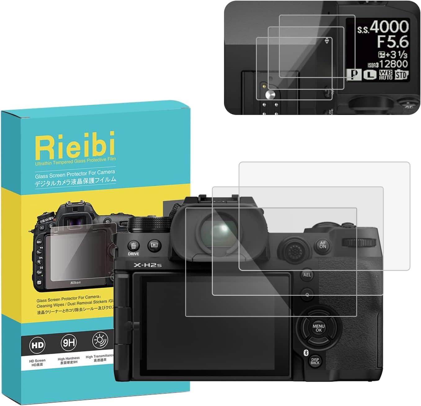 Rieibi (3 Packs) Fuji X-H2S XH2S /X-H2 XH2 Screen Protector + Top Screen Protector - 0.25mm 9H Hardness Fujifilm XH2S XH2 Tempered Glass Film - Anti-Fingerprint Anti-Scratch