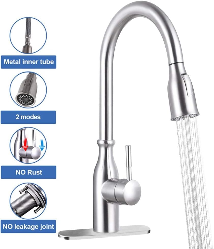 GOODNEW Single Handle High Arc Pull Out Kitchen Faucet,2 Water Mode Single Level Stainless Steel Kitchen Sink Faucets with Pull down Sprayer