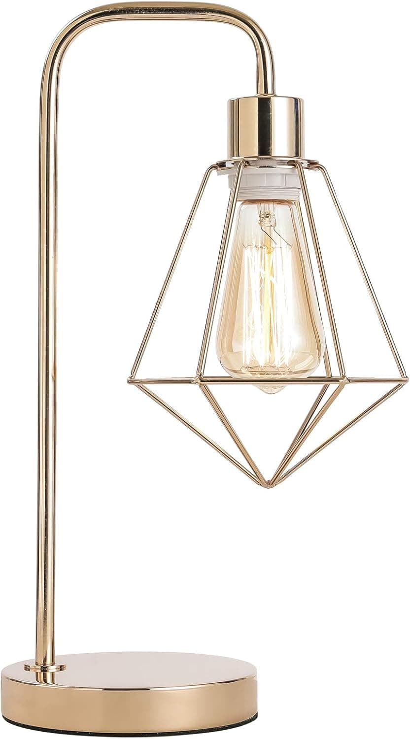 SOTTAE Vintage Gold Industrial Table Lamp,Rustic Metal Cage Shade Nightstand Bedside Reading Desk Lamp for Bedroom Living Room Office End Table