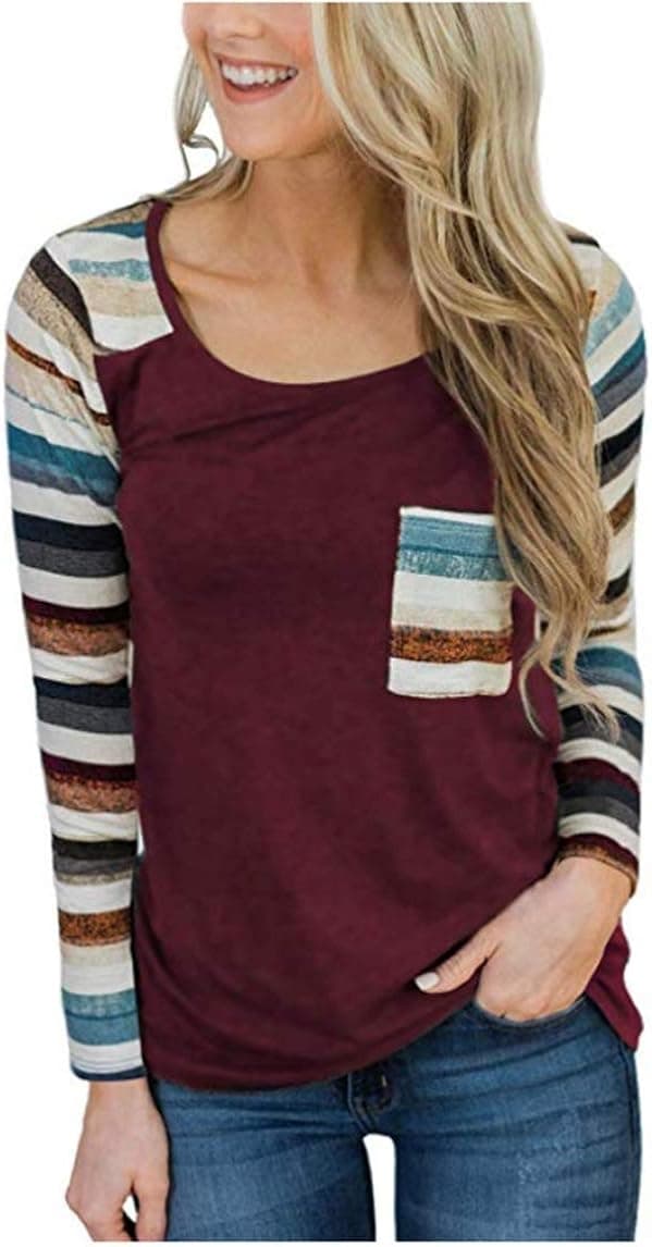 ECHOINE Women's Winter Striped Patchwork Sweatshirt with Pocket Grape Red L