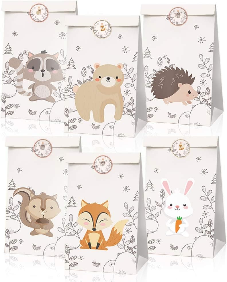 24pcs Forest Animals Party Bags,Fox Gift Bags,Woodland Paper Bags,Raccoon Party Favor Bags with 36pcs Forest Animals Stickers