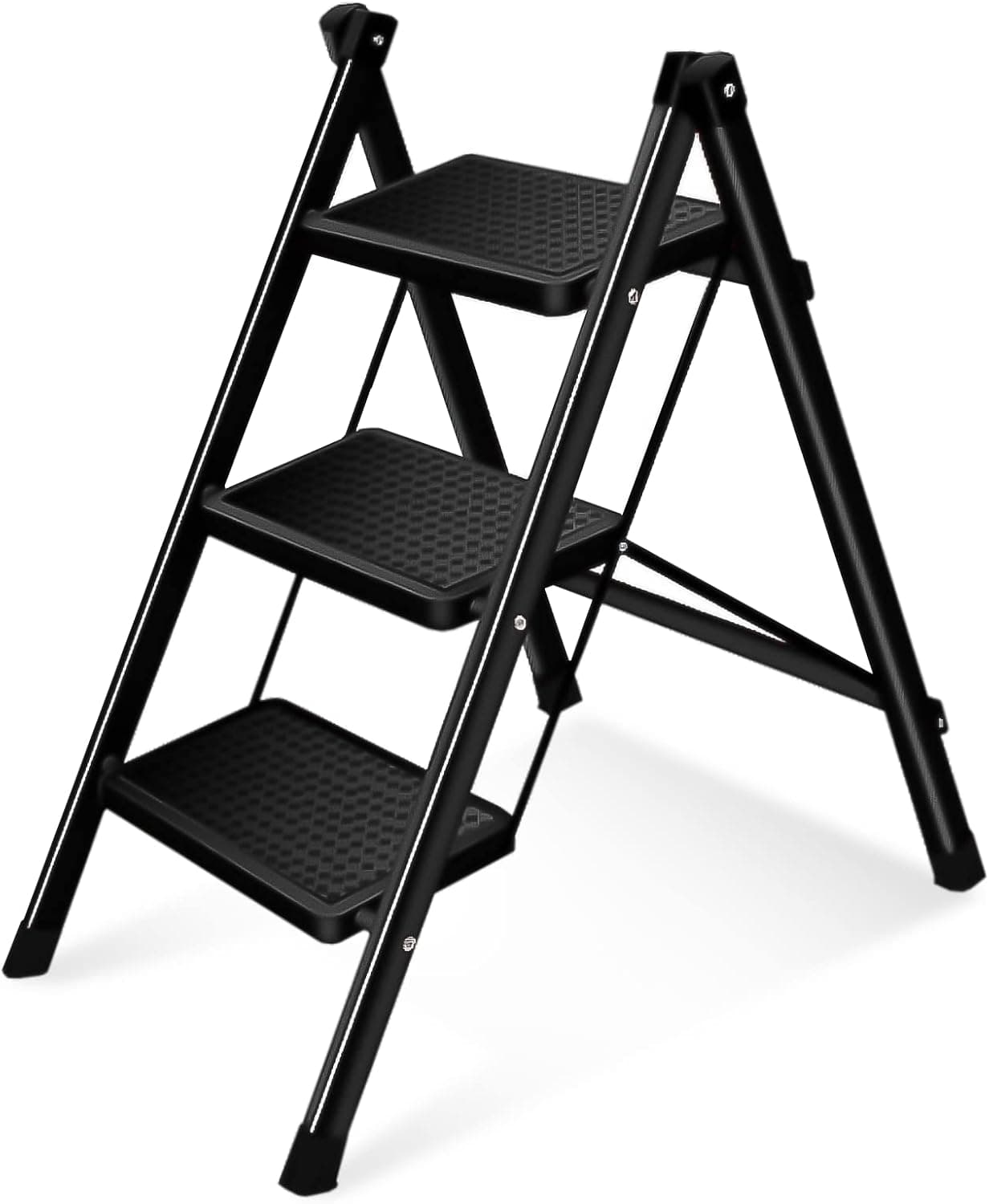 TooCust 3 Step Ladder Step Stools for Adults, Folding Step Stool Ladder for Home and Kitchen, Iron Ladder Anti-Slip Sturdy Ladder with Wide Pedal, Weight Capacity 330 lbs Black (Iron)