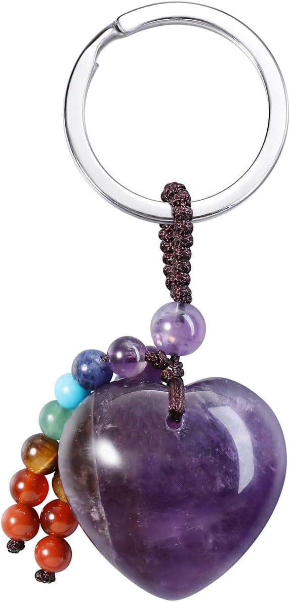 Jovivi Natural Amethyst Love Crystal Heart Stone Pendant Keychain 7 Chakra Reki Healing Crystal Gemstone Beads Key Chain Ring