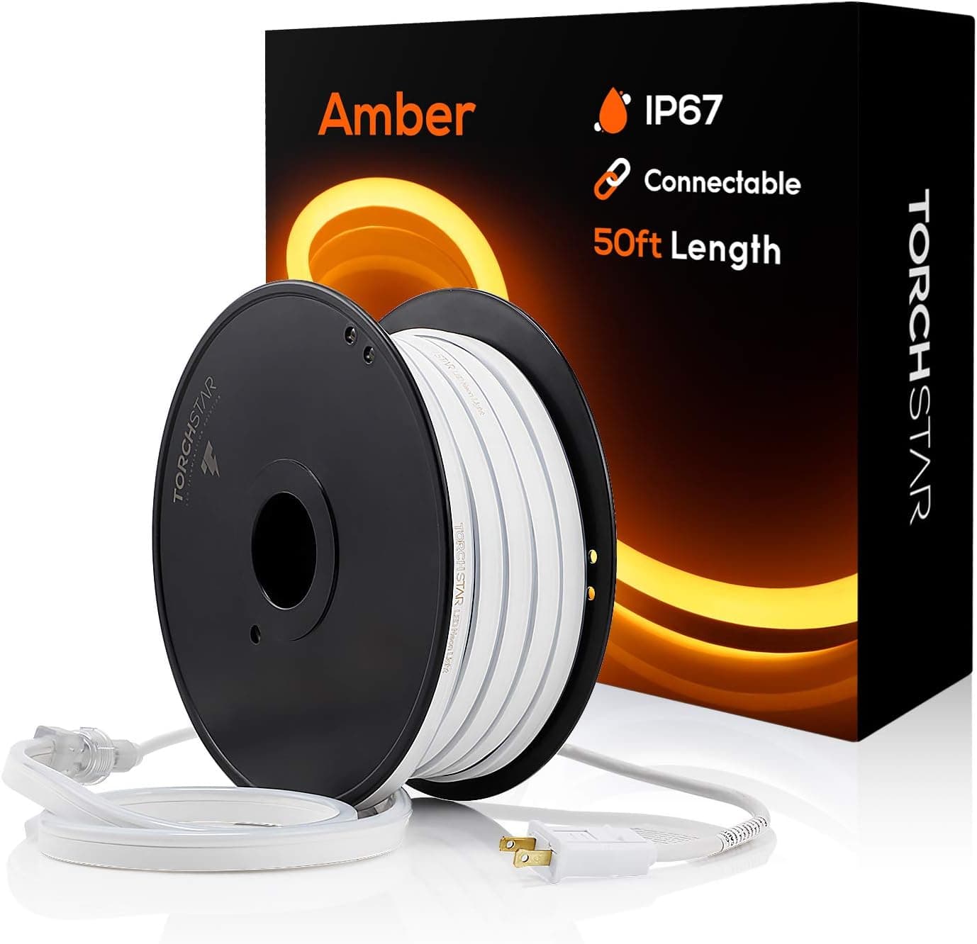 TORCHSTAR 50ft LED Neon Rope Light Outdoor, IP67 Waterproof, AC 120V (150ft Max), ETL & UL Certified, Soffit Commercial Building Decor, Amber