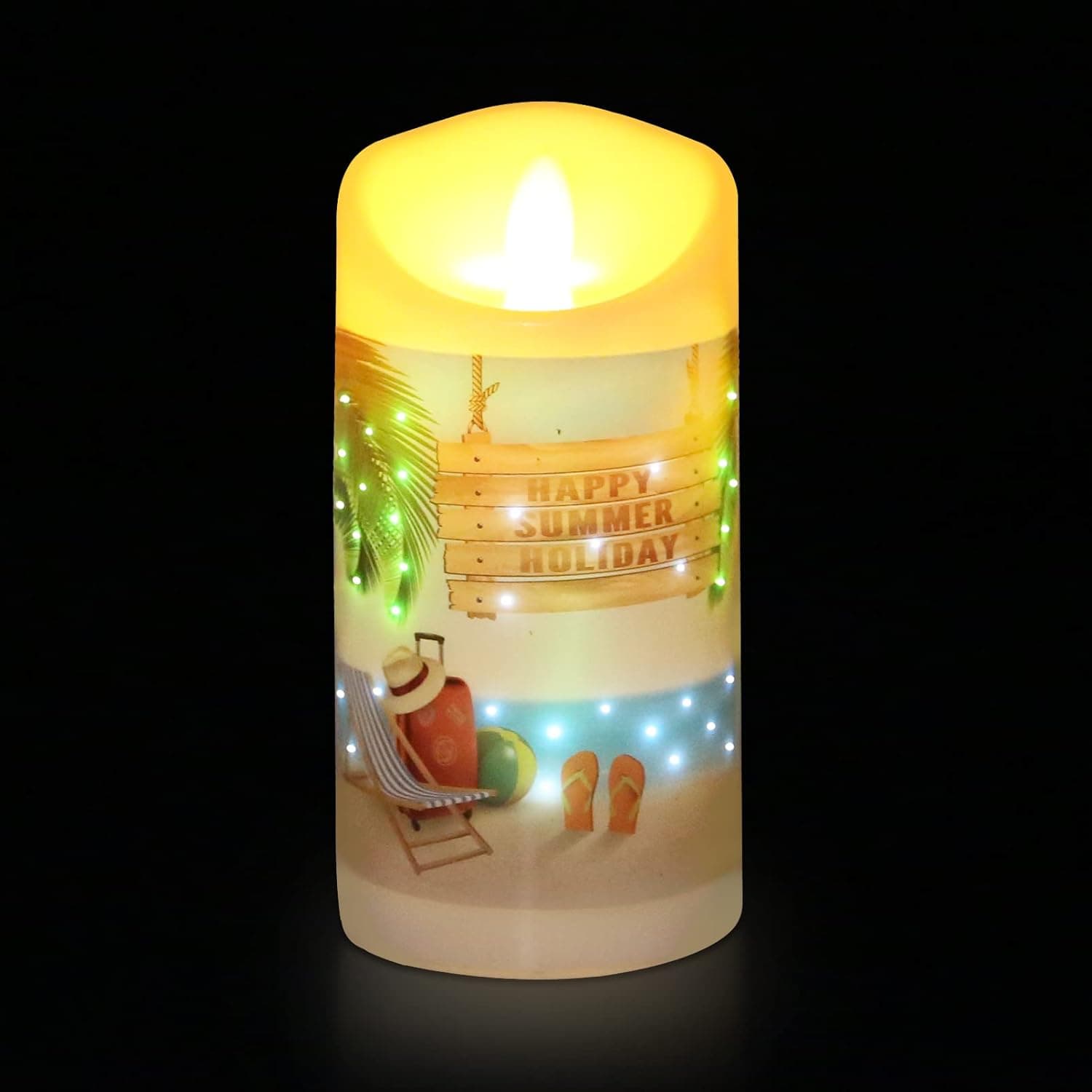 LED Flickering Flameless Candles, Beach Star Sky Shell Decal Battery Operated Candles, Happy Holiday Theme LED Candles for Bedroom Holiday Party Christmas Spring Decor. Birthday Gifts.