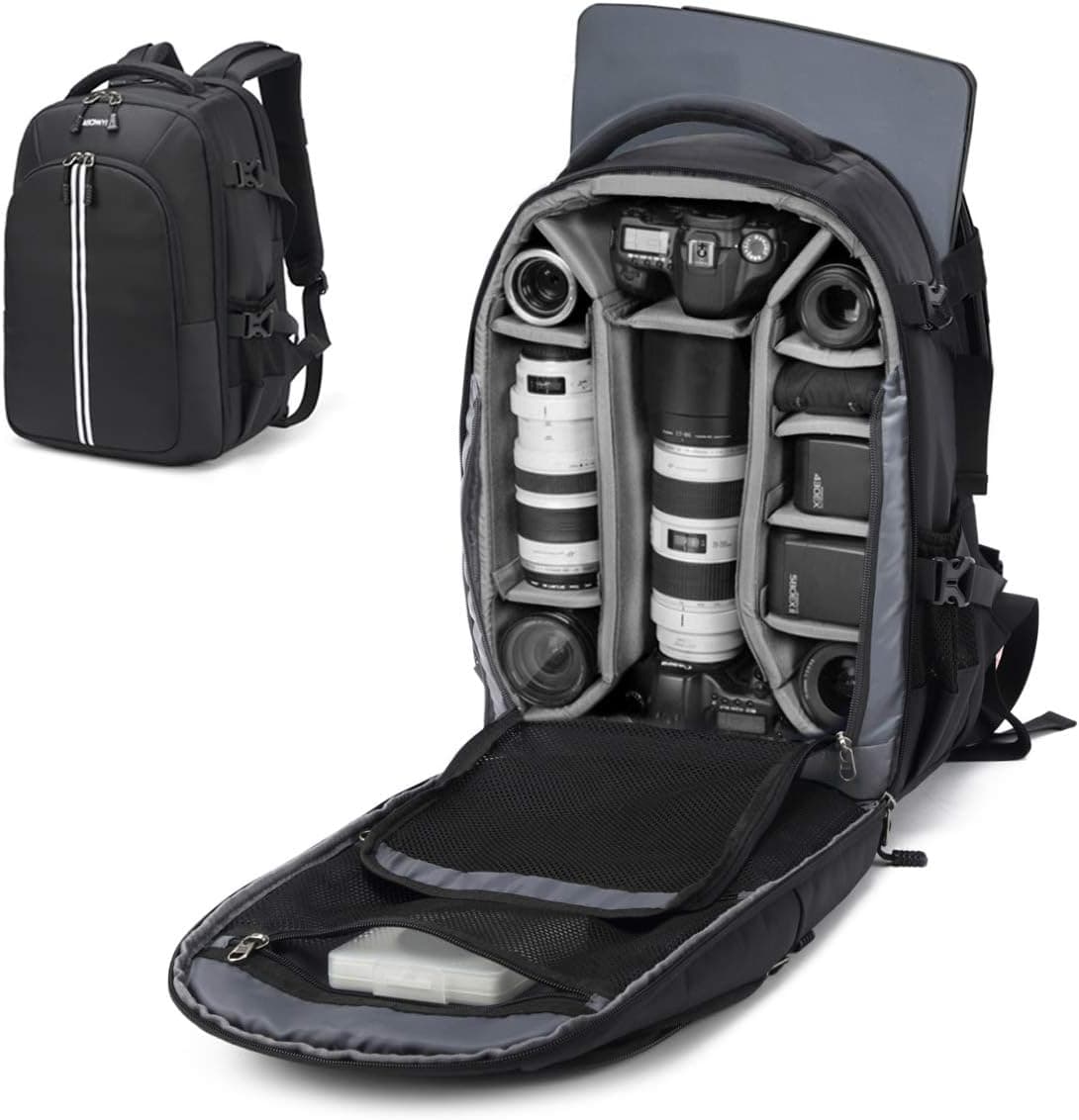 Abonnyc Camera Backpack Fit 2 Pro-Sized DSLR/SLR Camera Bag, 3-6 Lenses, 15.6 inch Laptop for Outdoor Travel with Rain Cover, Black