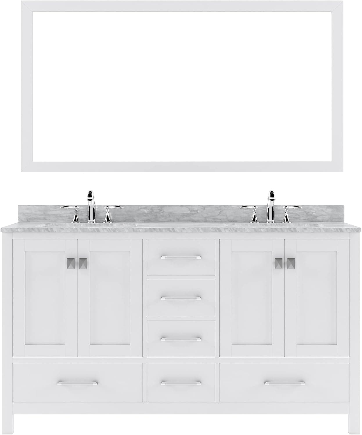 Virtu USA Caroline Avenue 60 inch Double Sink Bathroom Vanity Set in White w/Square Undermount Sink, Italian Carrara White Marble Countertop, No Faucet, 1 Mirror - GD-50060-WMSQ-WH
