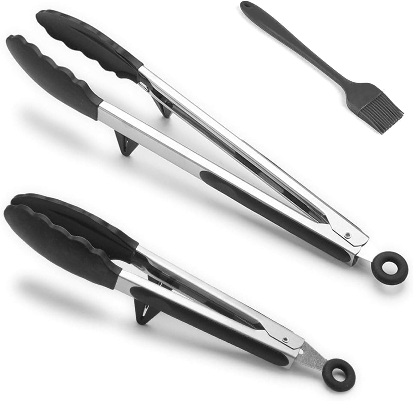 BvCook 2 Pack BBQ Tongs With Basting Pastry Brush Nonstick Kitchen Utensil Silicone for Cooking Baking Grilling Mixing, BPA free(Black)