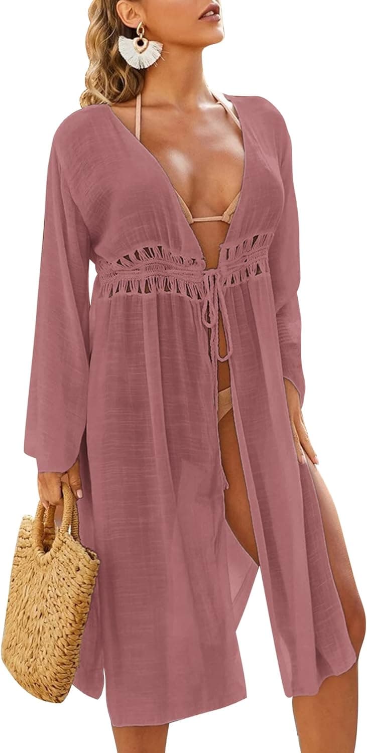 AOLRO Women Swimwear Cover Ups Sexy Long Sleeve Tie Front Split Cover Up Bikini Kimono Cardigan Beachwear S-XXL