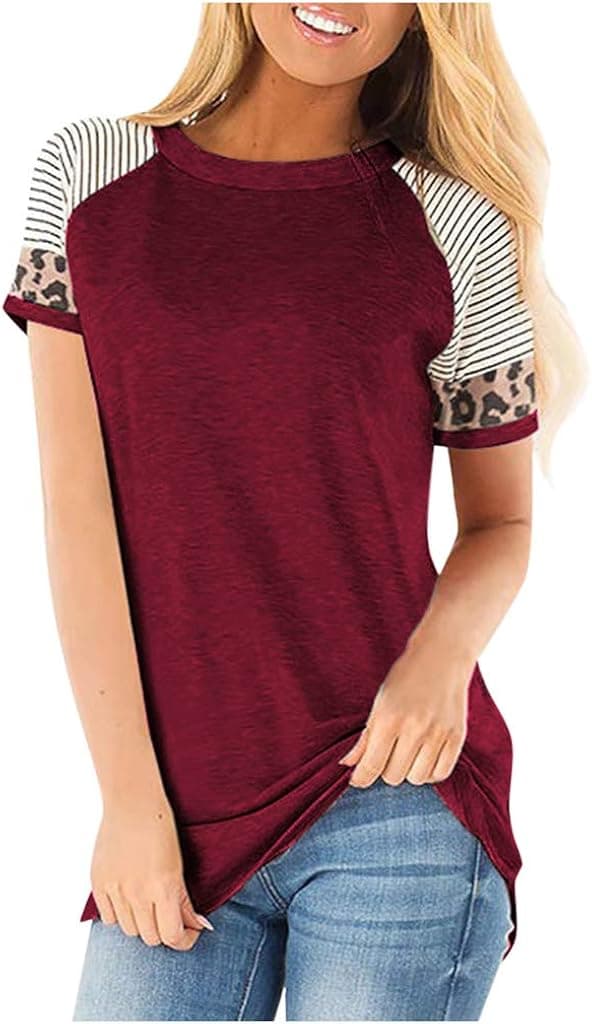 Vedolay Women Short Sleeve Tops, Womens Comfy Leopard Stripe Print Cotton Tunic Top Shirt Casual Tees Pullover Blouse T Shirt
