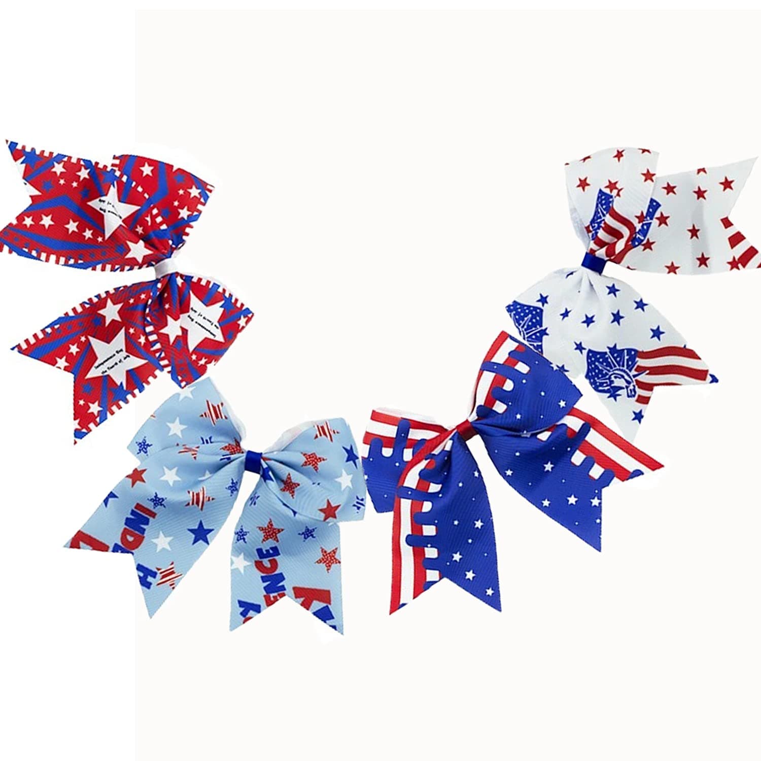 4Pack 4th of July Cheer Hair Bows Patriotic USA American Flag Ribbon Bow Set for Independence Day Decoration Red&Blue&White Stripe Large Elastic Headwear Girls Women