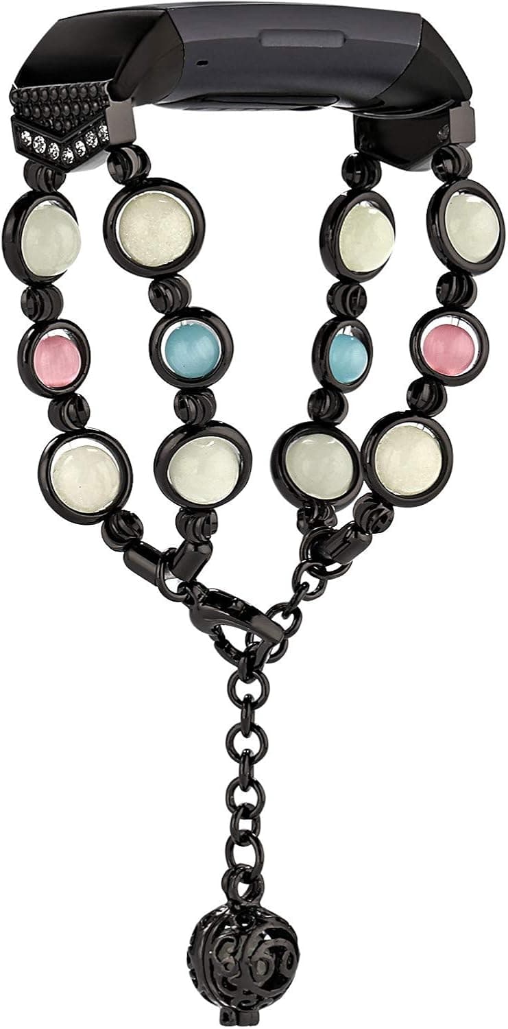 Greaciary Diamond Bands Compatible with Charge 4/Charge 3/3SE, Women Girls Rhinestone Crystal Handmade Night Luminous Pearl with Storage Pendant Bling Replacement Wristband Accessories BL