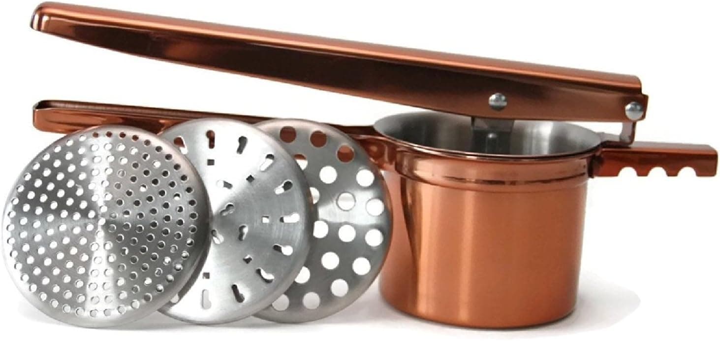 COPPER POTATO MASHER, RICER With Stainless Steel Core ● Commercial Grade Food Purée & Strainer ● BONUS 3 Large Interchangeable Discs ● Great Addition For Your Kitchen