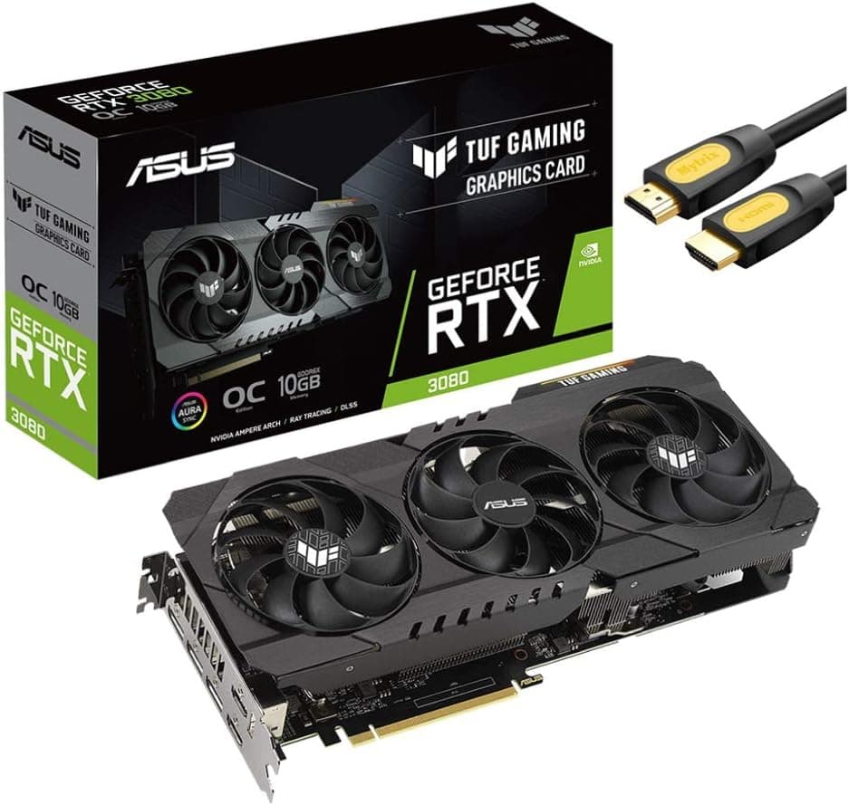 ASUS TUF Gaming NVIDIA GeForce RTX 3080 OC Edition Graphics Card, 10GB GDDR6X, PCIe 4.0, HDMI 2.1, DisplayPort 1.4a, Dual Ball Fan Bearings, GPU Tweak II w/ Mytrix HDMI Cable