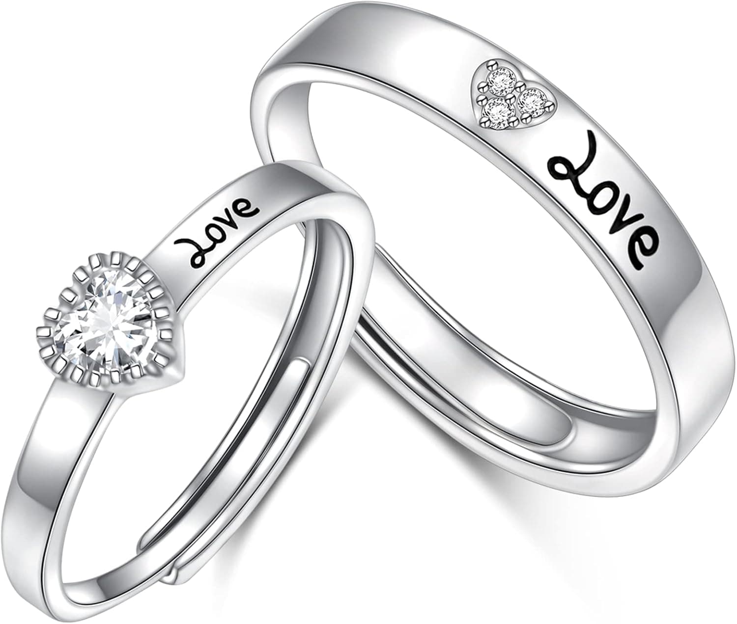 2PCS Heart Couple Rings Promise Rings for Couples 925 Sterling Silver Adjustable Matching Rings for Couples His and Her Wedding Rings Set