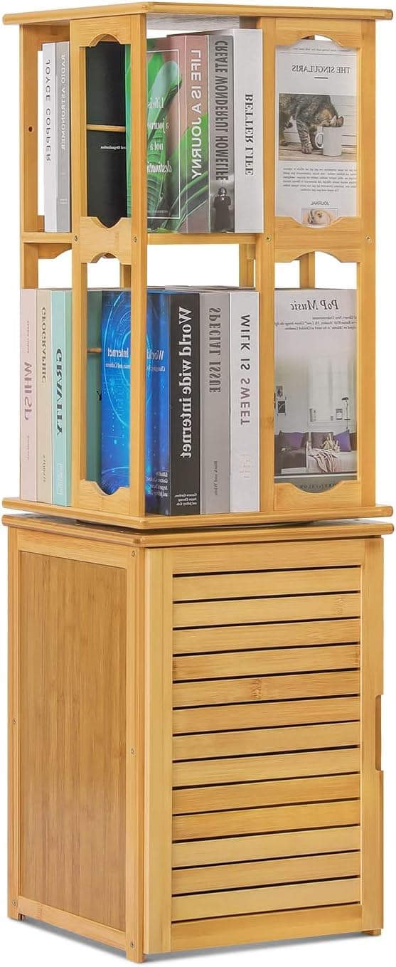 MoNiBloom Bamboo 4 Tier Swivel Bookcase Modern Bookshelf Storage Organizer Shelves Display Rack Storage Cabinet with Door for Living Room Bedroom Office, Natural