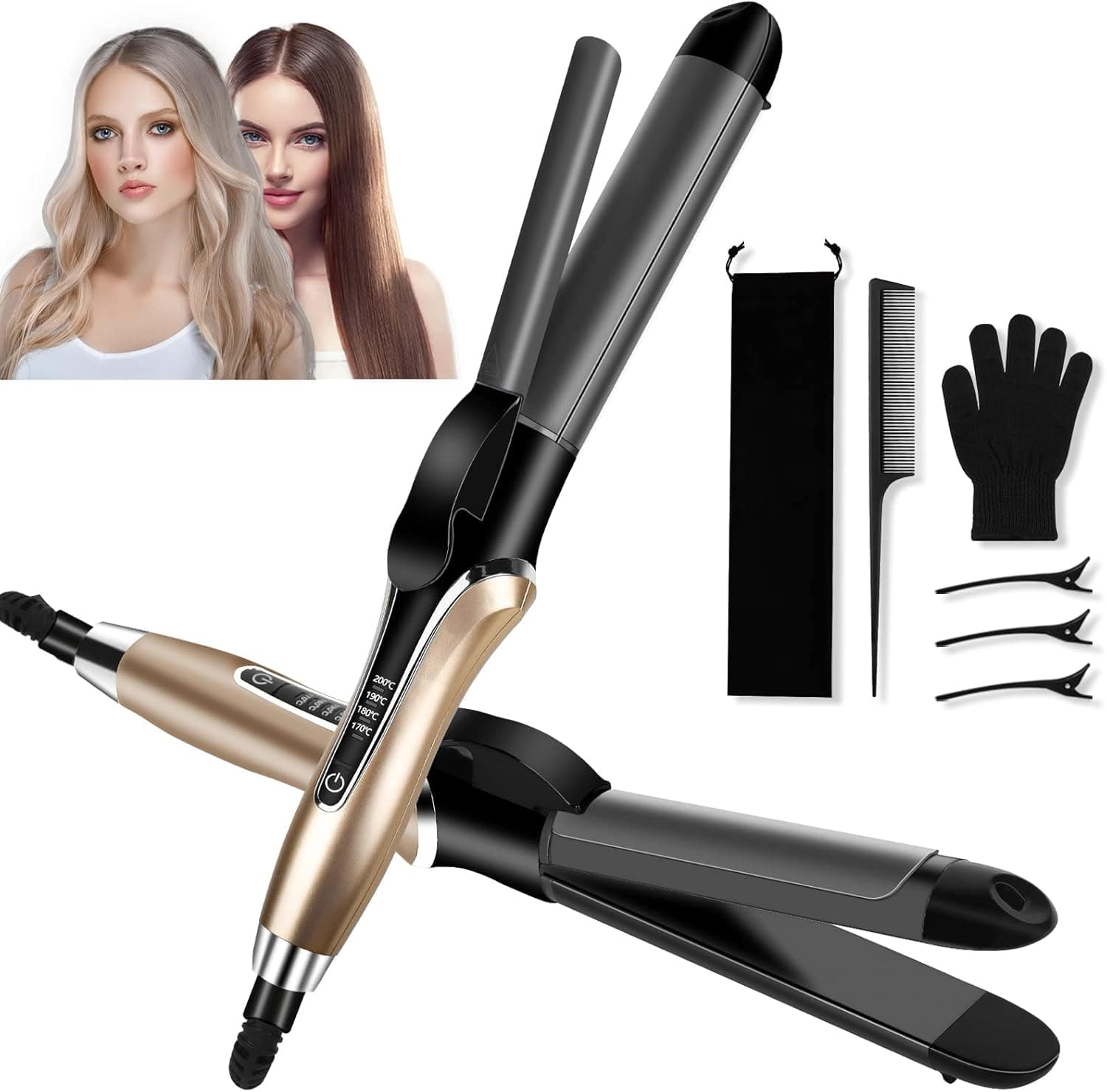 Hair Straightener and Curler 2 in 1 Wand Dual Voltage 1 Inch Curling Iron Hair Curler with Ceramic Coating Barrel Professional Curling with Heat Resistant Bag Glove and 3 Clips Hair Curling Iron