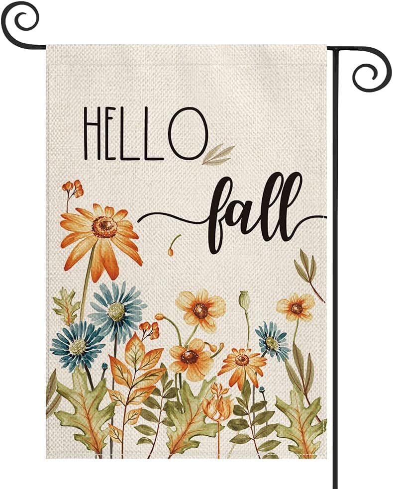 AVOIN colorlife Hello Fall Garden Flag Vertical Double Sided Floral Flower, Farmhouse Autumn Thanksgiving Flag Holiday Yard Outdoor Decoration 12.5 x 18 Inch