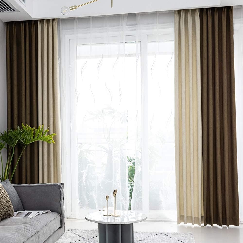 Linen Textured Blackout Curtains for Bedroom 2 Panels Brown Beige Burlap Patchwork Window Treatment Panels for Living Room Window Drapes,Boho Room Darkening Curtains 84 Inches Long