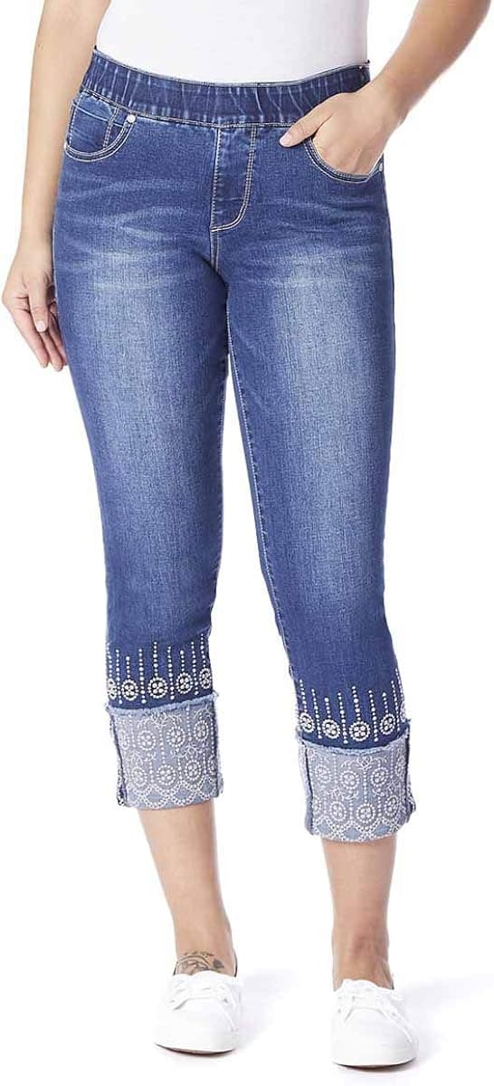 Jag Jeans Women's Lewis Straight Cuffed Pull on Crop with Embroidery