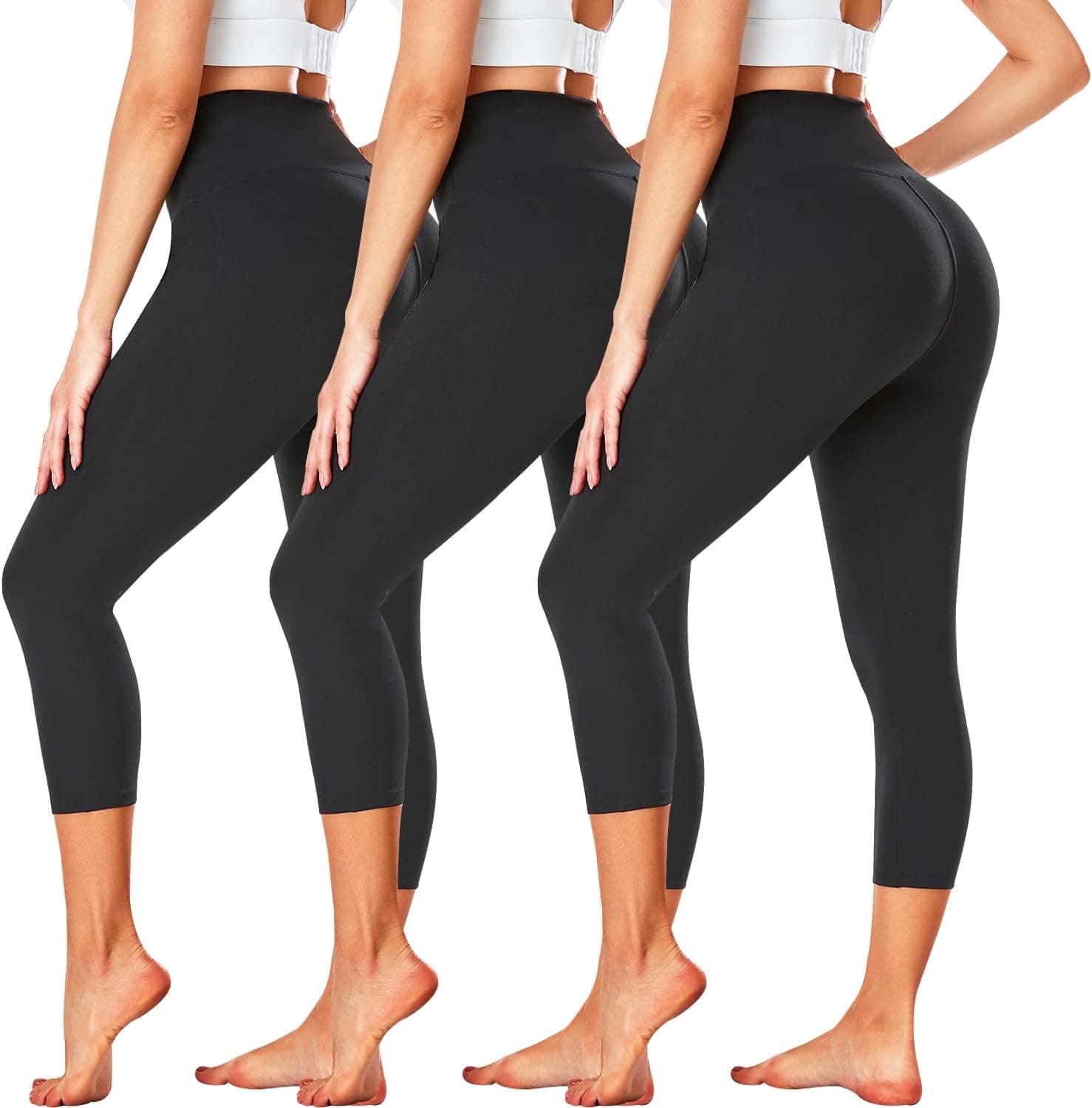 FULLSOFT 3 Pack Capri Leggings for Women - High Waisted Tummy Control Black Workout Yoga Pants