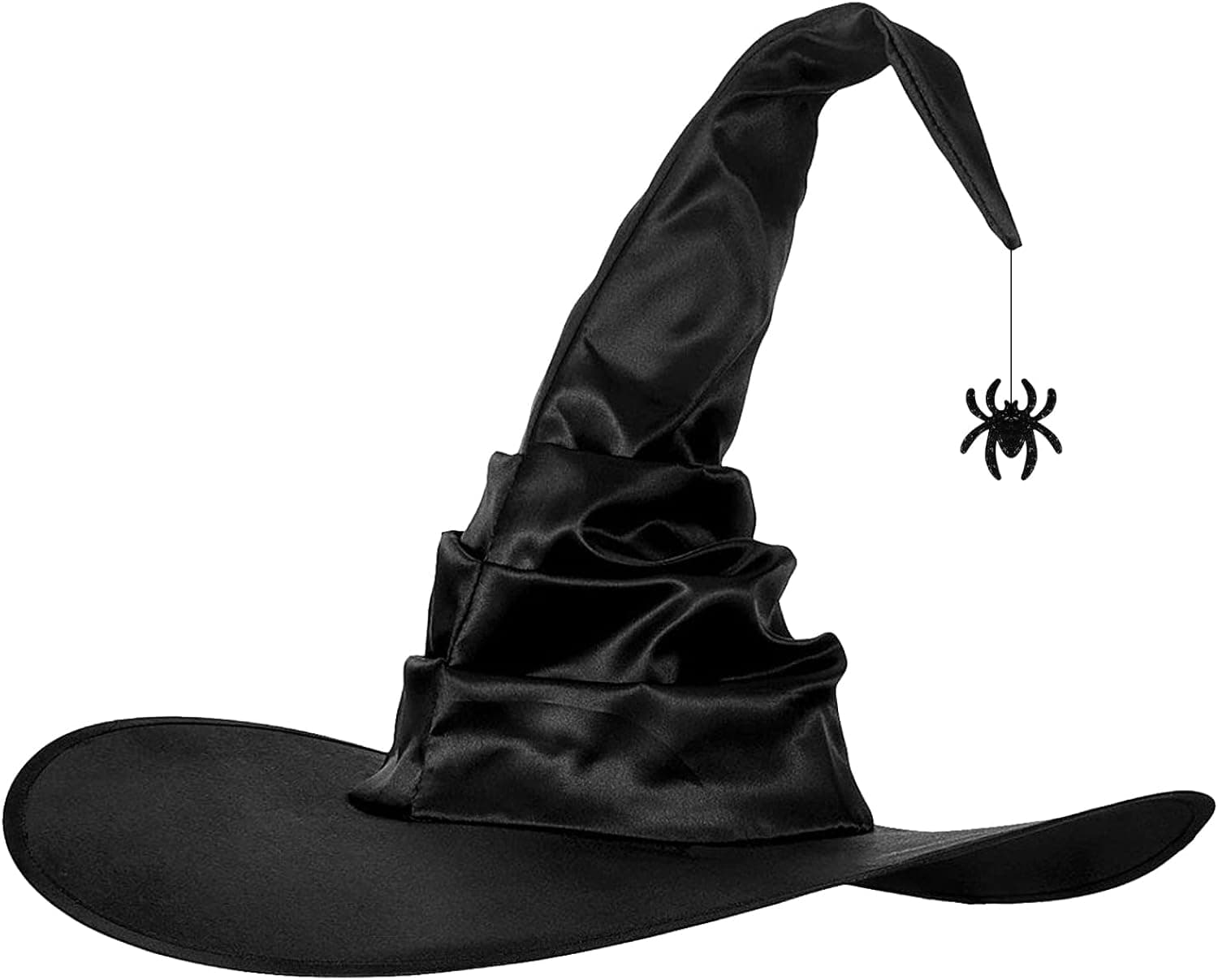 Women Halloween Witch Hat Black Pleated Wizard Hat Spider Bat Pendant Top Hat for Halloween Party Cosplay Fancy Dress Costume