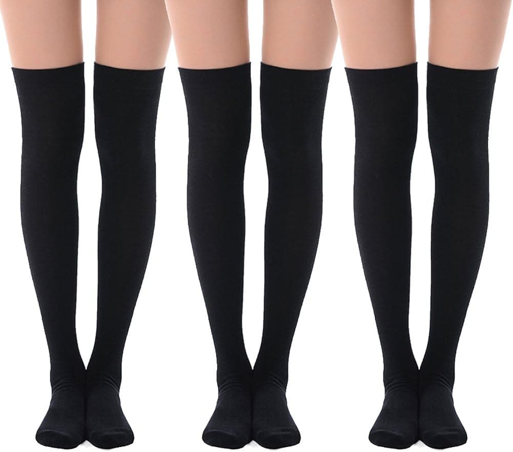 MEIKAN Women's Over Knee High Socks, Fashion Cotton Cosplay Thigh High Socks 3 Pack