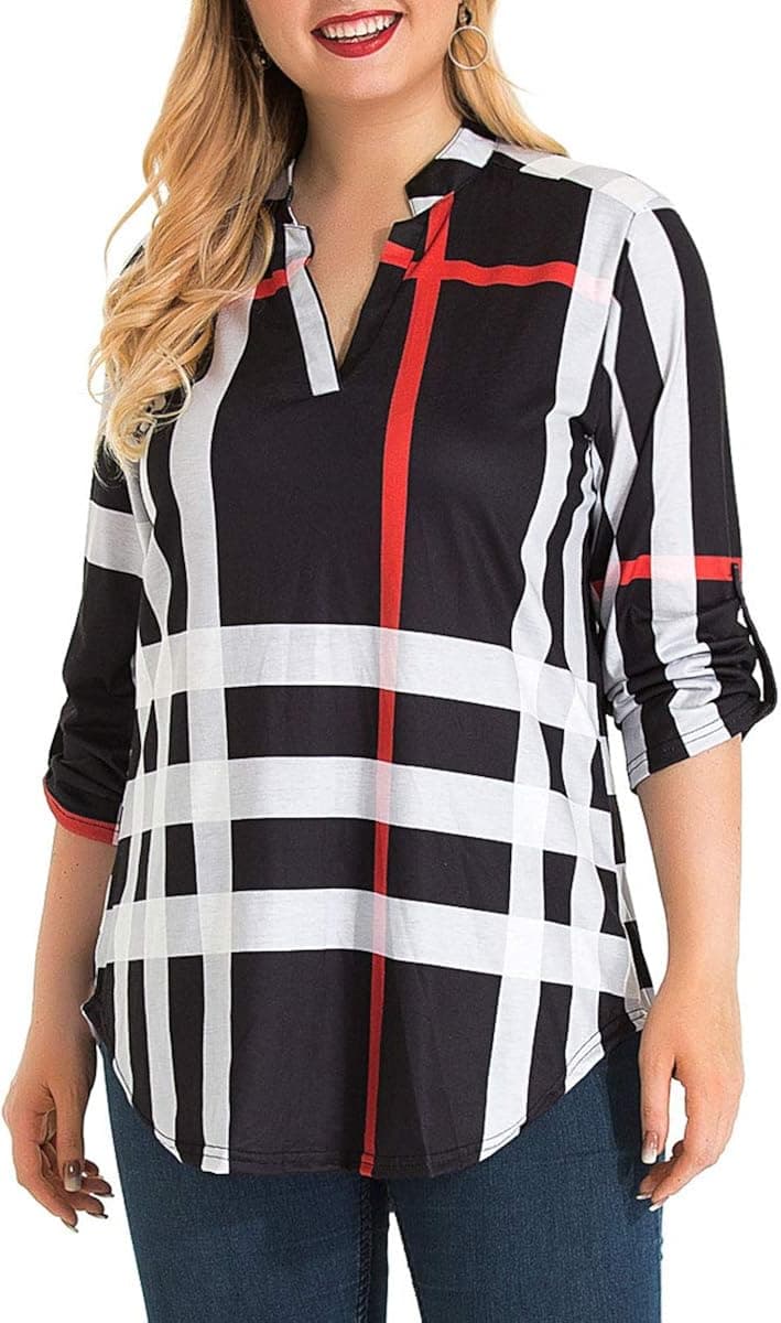 Yomoko Women Plus Size Roll-Up 3/4 Sleeve V Neck Plaid Shirt Tunic Blouses Tops 3XL Black