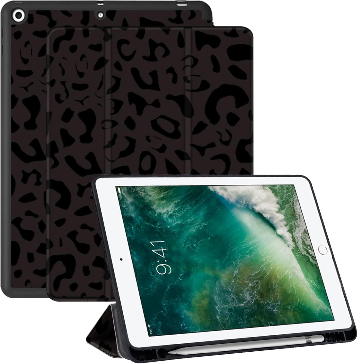 Deokke Compatible with iPad 10.2 inch Case,9th /8th /7th Generation Case(2021/2020/2019) with Pencil Holder and Soft TPU Back Case,Auto Sleep/Wake Cover-Black Purple Leopard Cheetah Print