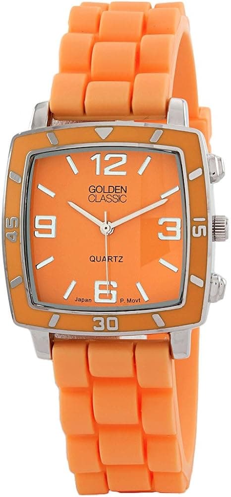 Golden Classic Women's 2213-Orange "Social Jelly" Trendy Square Rubber Strap Watch