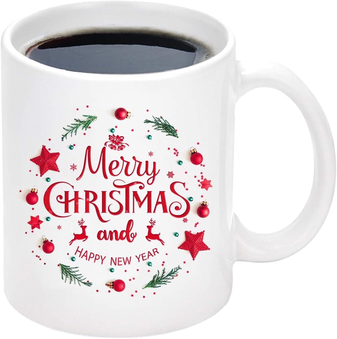 Christmas Coffee Mug with Merry Christmas and Happy New Year Reindeer White Ceramic Coffee Mug Cup for Christmas Holiday Gifts 11 Ounce