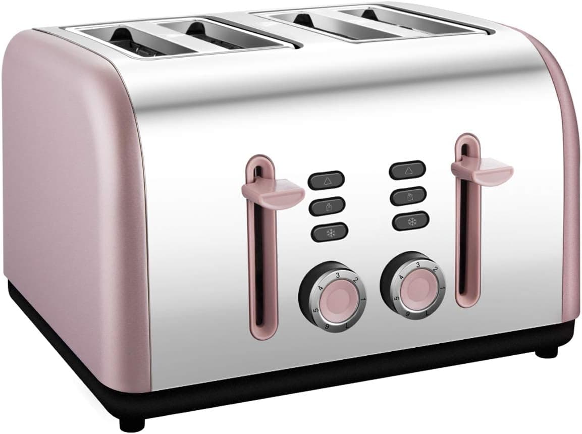 4 Slice toaster, Extra Wide Toaster 4 Slice Stainless Steel with Defrost/Reheat/Cancel/Quick Buttons 7 Browning Settings, 1400W, Rose Gold
