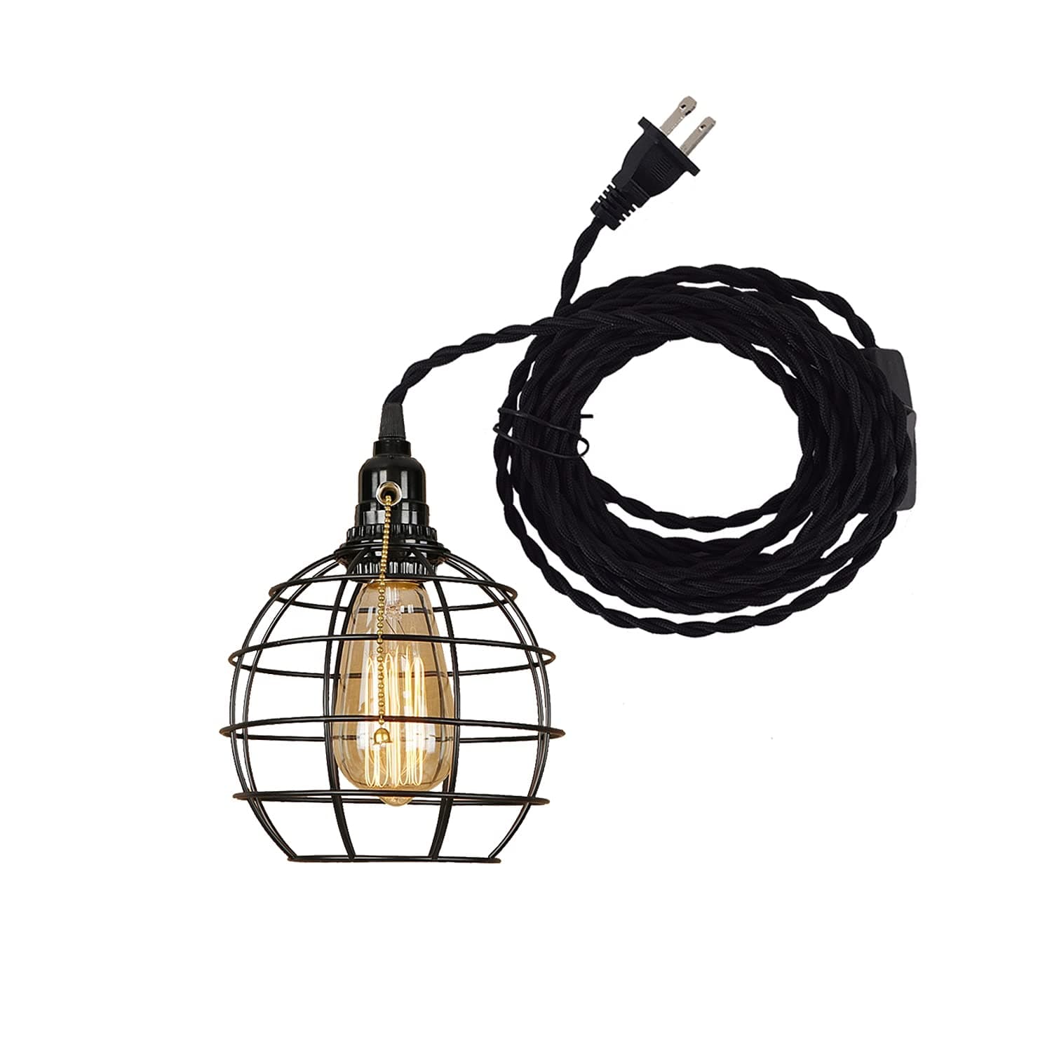 MINS Familio Plug in Pendant Light Fixture- Lamp Shade Ready Hanging E26 Threaded Socket 2 Rings Pull Chain with 15 Ft Cord Set and in-Line Switch- Industrial Vintage DIY Lighting (1-Pack Globe)