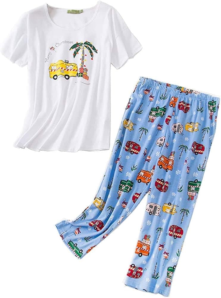 Aoymay Women's Pajama Sets Short Tops with Capri Pants Cotton Sleepwear Ladies Sleep Sets