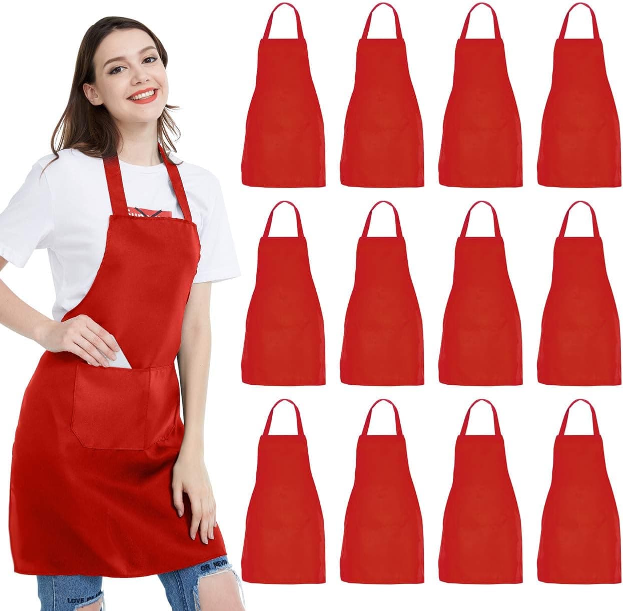 NOBONDO 12 Pack Bib Apron - Unisex Red Apron Bulk with 2 Roomy Pockets Machine Washable for Kitchen Crafting BBQ Drawing