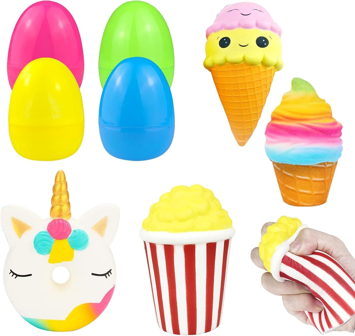 JIABNUKKN Easter Basket Stuffers Easter Eggs Filled 4 Large Eggs with Slow Rising Stress Relief Soft Squishy Toy Inside, Colorful Easter Egg Stuffers for Toddlers Kids Easter Toys Fillers