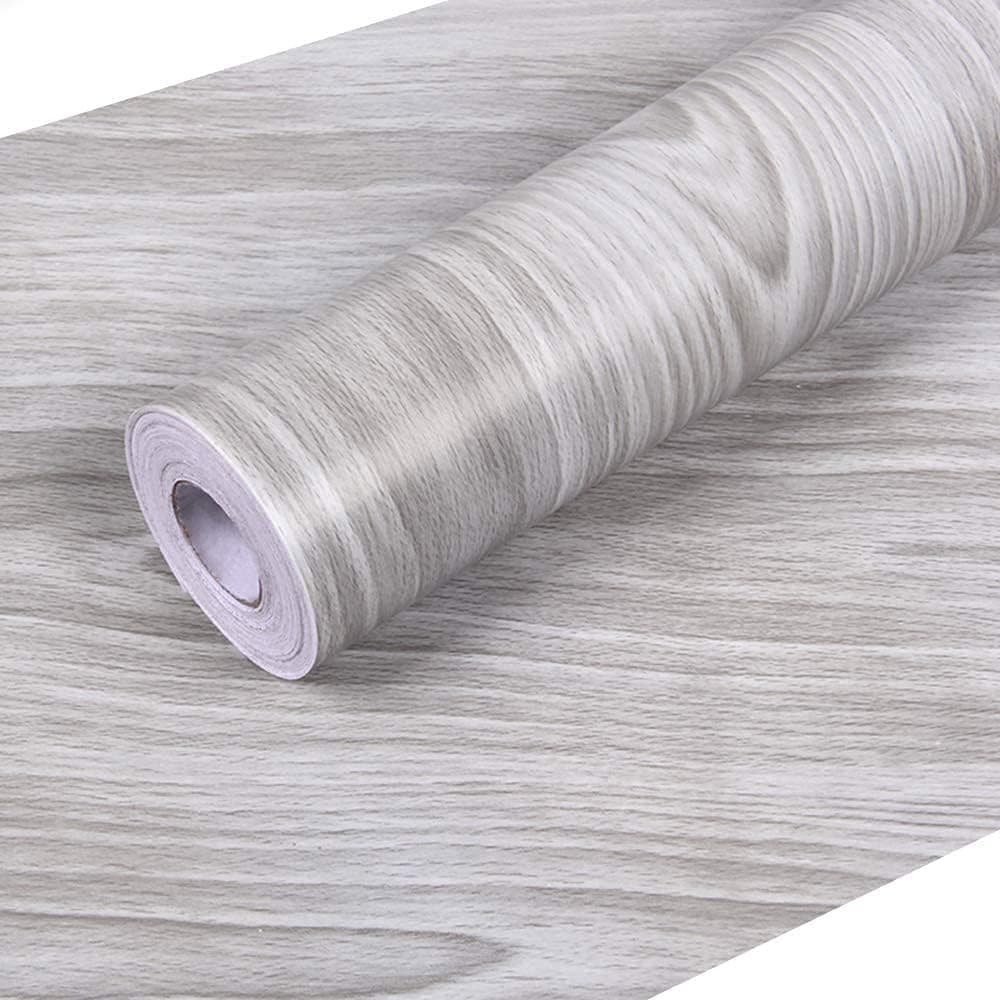 17.7" x 355" Grey Wood Contact Paper Wallpaper, PVC Self Adhesive Peel and Stick Wall Paper, Easy to Clean Decorative Wall Covering
