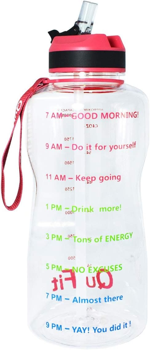 BuildLife Half Gallon Fitness Water Bottle/BPA Free/Wide Mouth with Straw Lid & Motivational Time Marker to Ensure You Drink Enough Water(Clear/Pink, 64OZ)