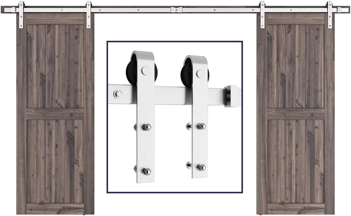SMARTSTANDARD 12ft Siliding Barn Door Hardware Kit Brushed Nickel Double Door Easy to Install Fit 36" Wide Door Panel (J Shape Hanger)